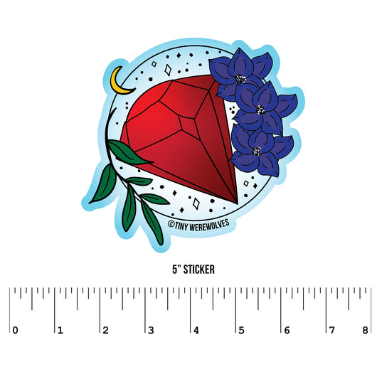 Based in Chicago by queer artist & designer Kayla Pekkala - Tiny Werewolves | July Crystal & Flower Birthstone Sticker in 5" Sticker | Shop to get your Sticker with collections featuring retro-inspired designs infused with social commentary art, highlighting modern social & current events.