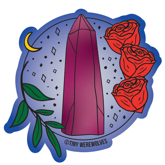 Based in Chicago by queer artist & designer Kayla Pekkala - Tiny Werewolves | June Crystal & Flower Birthstone Sticker in | Shop to get your Sticker with collections featuring retro-inspired designs infused with social commentary art, highlighting modern social & current events.