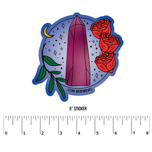 Based in Chicago by queer artist & designer Kayla Pekkala - Tiny Werewolves | June Crystal & Flower Birthstone Sticker in 5" Sticker | Shop to get your Sticker with collections featuring retro-inspired designs infused with social commentary art, highlighting modern social & current events.
