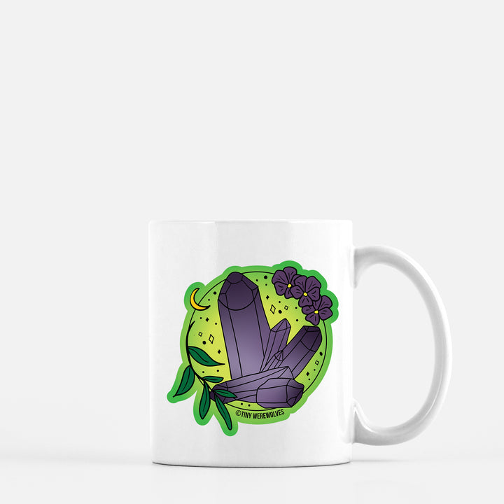 Based in Chicago by queer artist & designer Kayla Pekkala - Tiny Werewolves | February Crystal & Flower Birthstone Mug in 11 oz | Shop to get your Mug with collections featuring retro-inspired designs infused with social commentary art, highlighting modern social & current events.