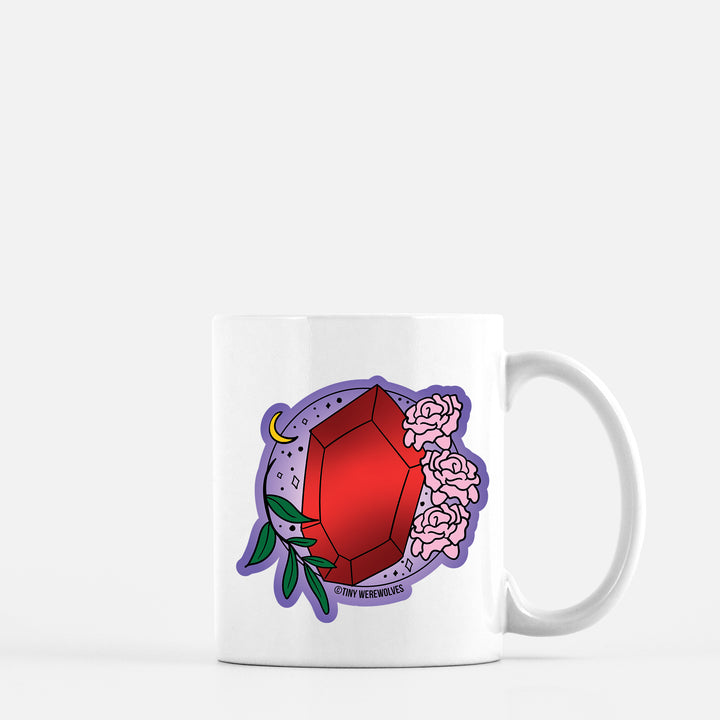 Based in Chicago by queer artist & designer Kayla Pekkala - Tiny Werewolves | January Crystal & Flower Birthstone Mug in 11 oz | Shop to get your Mug with collections featuring retro-inspired designs infused with social commentary art, highlighting modern social & current events.