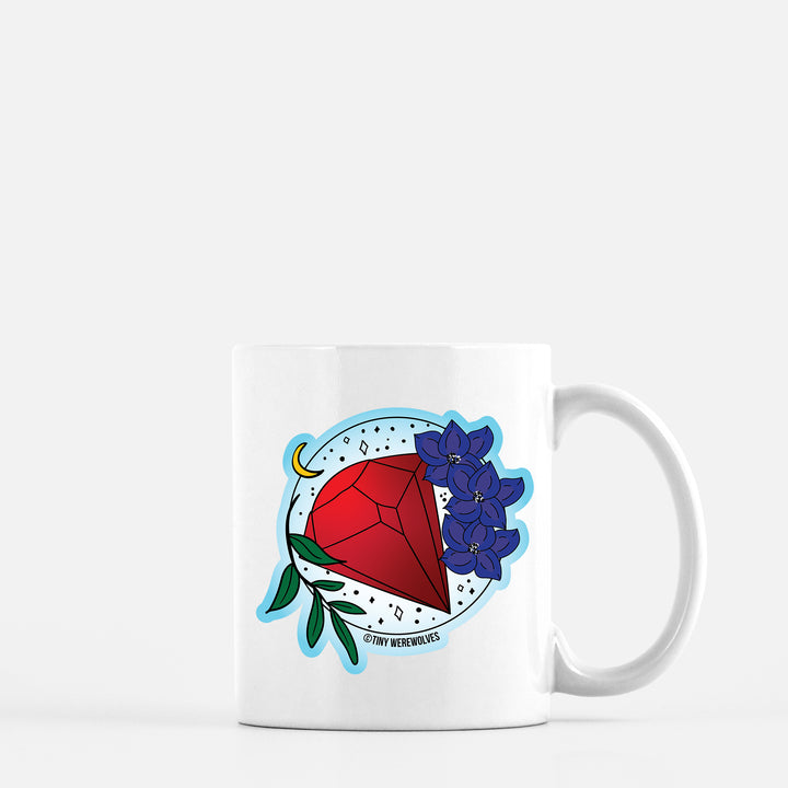 Based in Chicago by queer artist & designer Kayla Pekkala - Tiny Werewolves | July Crystal & Flower Birthstone Mug in 11 oz | Shop to get your Mug with collections featuring retro-inspired designs infused with social commentary art, highlighting modern social & current events.
