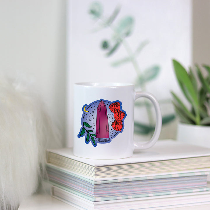 Based in Chicago by queer artist & designer Kayla Pekkala - Tiny Werewolves | June Crystal & Flower Birthstone Mug in | Shop to get your Mug with collections featuring retro-inspired designs infused with social commentary art, highlighting modern social & current events.
