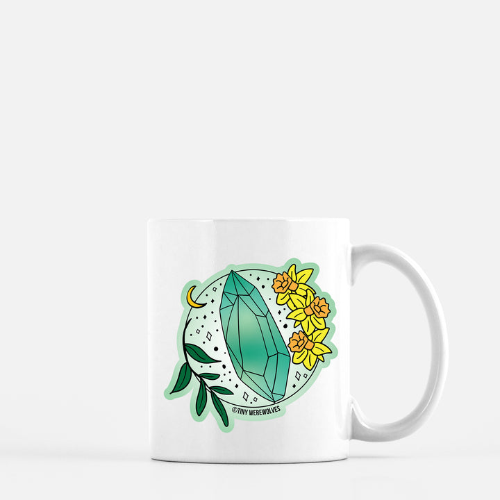 Based in Chicago by queer artist & designer Kayla Pekkala - Tiny Werewolves | March Crystal & Flower Birthstone Mug in 11 oz | Shop to get your Mug with collections featuring retro-inspired designs infused with social commentary art, highlighting modern social & current events.