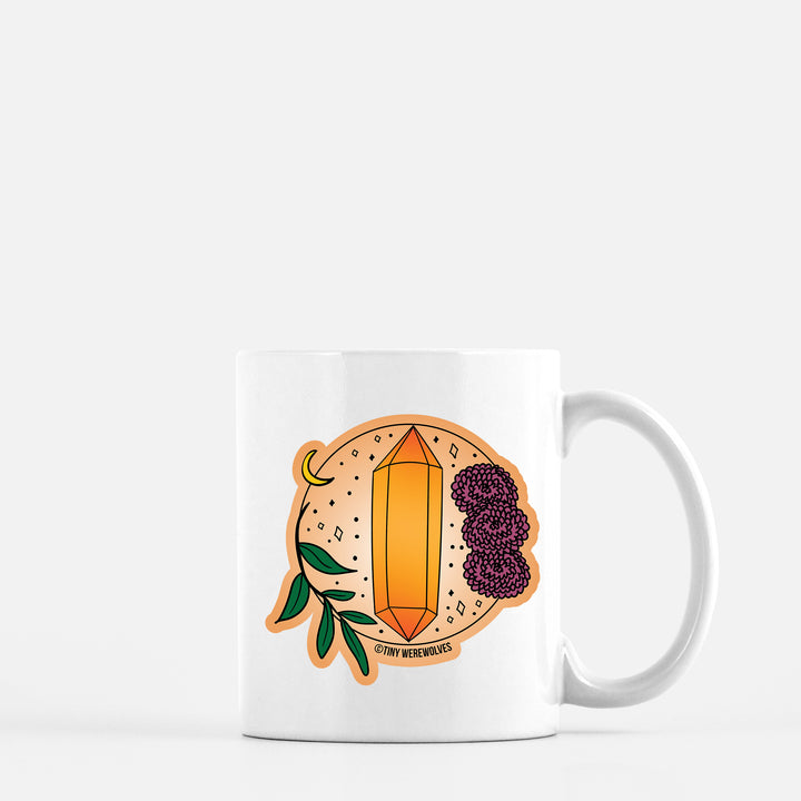 Based in Chicago by queer artist & designer Kayla Pekkala - Tiny Werewolves | November Crystal & Flower Birthstone Mug in 11 oz | Shop to get your Mug with collections featuring retro-inspired designs infused with social commentary art, highlighting modern social & current events.