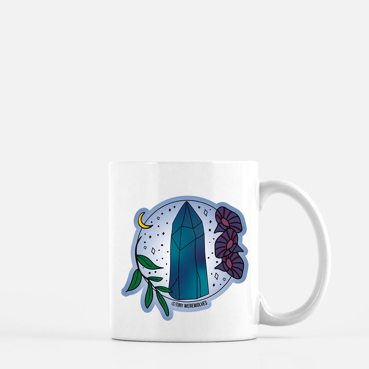 Based in Chicago by queer artist & designer Kayla Pekkala - Tiny Werewolves | September Crystal & Flower Birthstone Mug in 11 oz | Shop to get your Mug with collections featuring retro-inspired designs infused with social commentary art, highlighting modern social & current events.