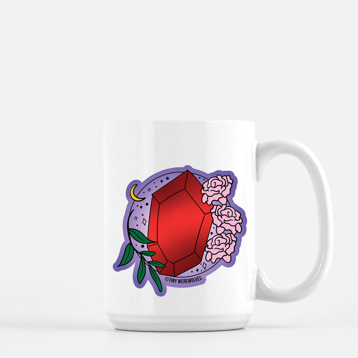 Based in Chicago by queer artist & designer Kayla Pekkala - Tiny Werewolves | January Crystal & Flower Birthstone Mug in 15 oz | Shop to get your Mug with collections featuring retro-inspired designs infused with social commentary art, highlighting modern social & current events.