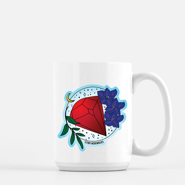 Based in Chicago by queer artist & designer Kayla Pekkala - Tiny Werewolves | July Crystal & Flower Birthstone Mug in 15 oz | Shop to get your Mug with collections featuring retro-inspired designs infused with social commentary art, highlighting modern social & current events.