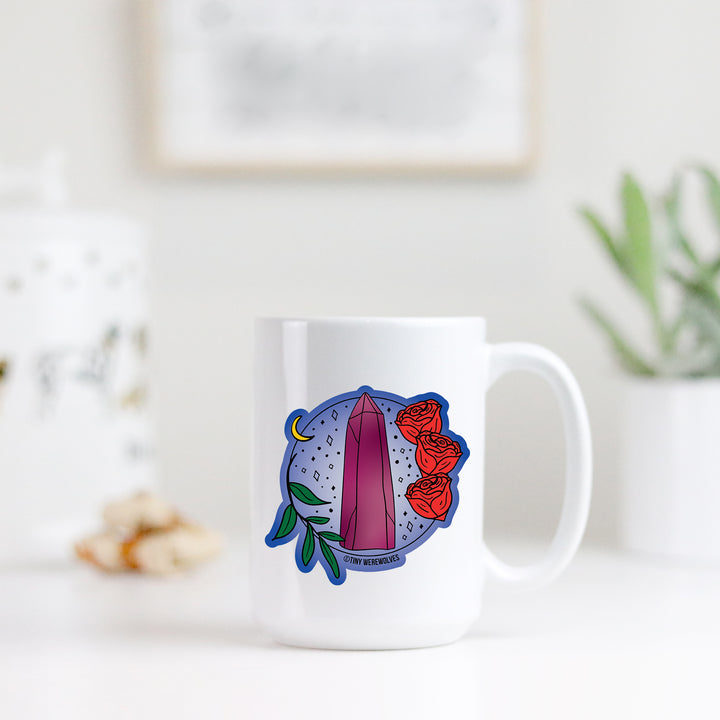 Based in Chicago by queer artist & designer Kayla Pekkala - Tiny Werewolves | June Crystal & Flower Birthstone Mug in | Shop to get your Mug with collections featuring retro-inspired designs infused with social commentary art, highlighting modern social & current events.