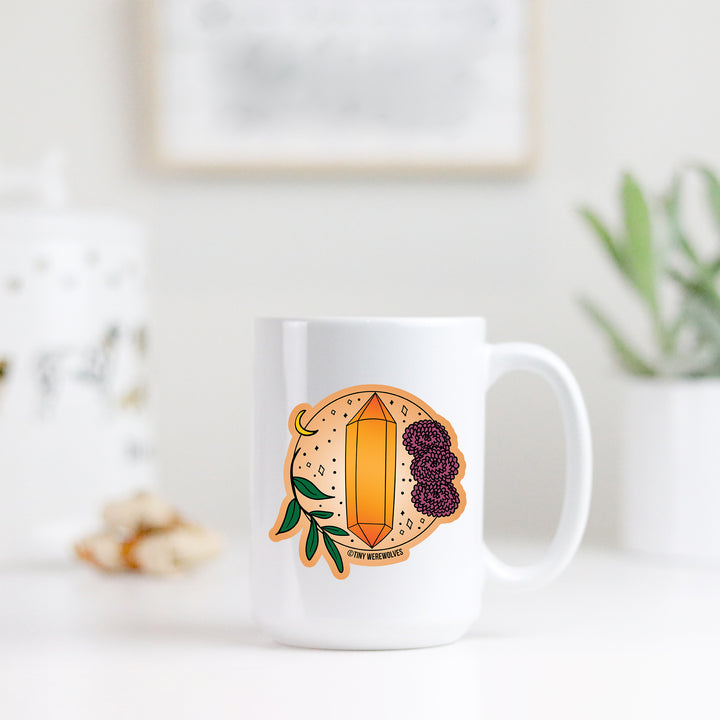 Based in Chicago by queer artist & designer Kayla Pekkala - Tiny Werewolves | November Crystal & Flower Birthstone Mug in | Shop to get your Mug with collections featuring retro-inspired designs infused with social commentary art, highlighting modern social & current events.