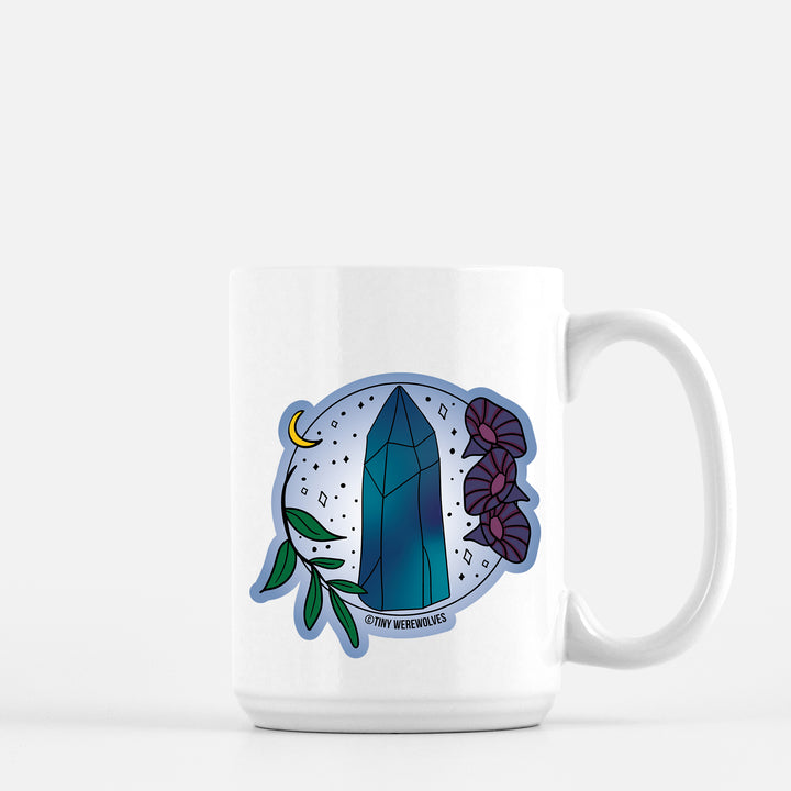 Based in Chicago by queer artist & designer Kayla Pekkala - Tiny Werewolves | September Crystal & Flower Birthstone Mug in 15 oz | Shop to get your Mug with collections featuring retro-inspired designs infused with social commentary art, highlighting modern social & current events.