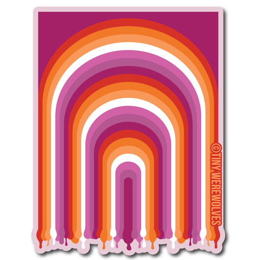 Based in Chicago by queer artist & designer Kayla Pekkala - Tiny Werewolves | Lesbian Dripping Rainbow Sticker in 5" Sticker | Shop to get your Sticker with collections featuring retro-inspired designs infused with social commentary art, highlighting modern social & current events.