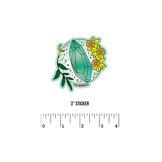 Based in Chicago by queer artist & designer Kayla Pekkala - Tiny Werewolves | March Crystal & Flower Birthstone Sticker in 3" Sticker | Shop to get your Sticker with collections featuring retro-inspired designs infused with social commentary art, highlighting modern social & current events.