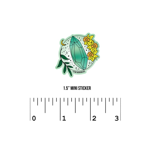 Based in Chicago by queer artist & designer Kayla Pekkala - Tiny Werewolves | March Crystal & Flower Birthstone Sticker in 1.5" Mini Sticker | Shop to get your Sticker with collections featuring retro-inspired designs infused with social commentary art, highlighting modern social & current events.