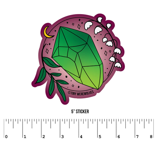 Based in Chicago by queer artist & designer Kayla Pekkala - Tiny Werewolves | May Crystal & Flower Birthstone Sticker in 5" Sticker | Shop to get your Sticker with collections featuring retro-inspired designs infused with social commentary art, highlighting modern social & current events.