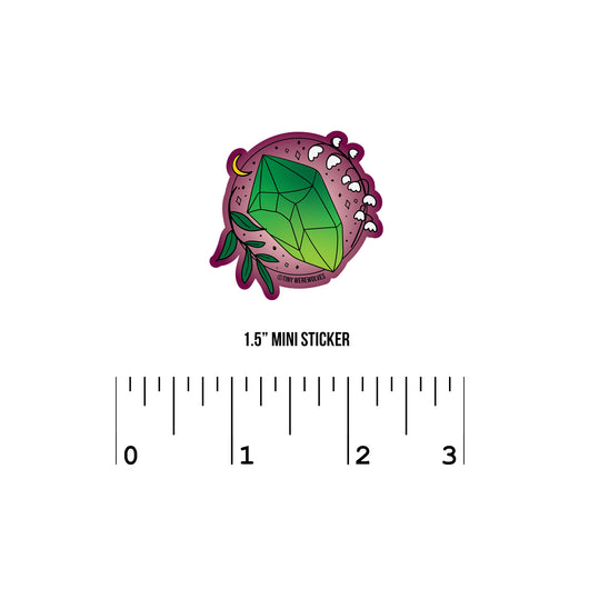 Based in Chicago by queer artist & designer Kayla Pekkala - Tiny Werewolves | May Crystal & Flower Birthstone Sticker in 1.5" Mini Sticker | Shop to get your Sticker with collections featuring retro-inspired designs infused with social commentary art, highlighting modern social & current events.