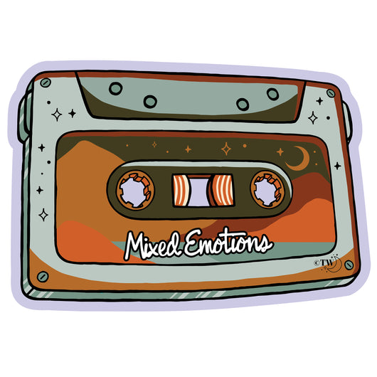 Based in Chicago by queer artist & designer Kayla Pekkala - Tiny Werewolves | Mixed Emotions Mixtape Sticker in | Shop to get your Sticker with collections featuring retro-inspired designs infused with social commentary art, highlighting modern social & current events.