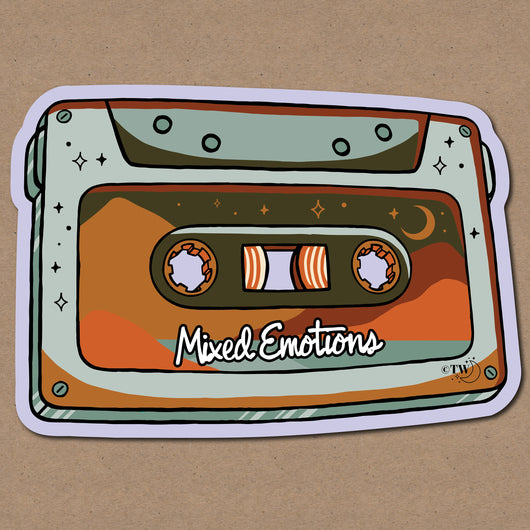 Based in Chicago by queer artist & designer Kayla Pekkala - Tiny Werewolves | Mixed Emotions Mixtape Sticker in 5" Sticker | Shop to get your Sticker with collections featuring retro-inspired designs infused with social commentary art, highlighting modern social & current events.