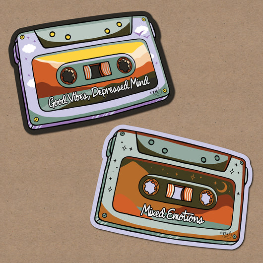 Based in Chicago by queer artist & designer Kayla Pekkala - Tiny Werewolves | 2-Pack Mixtape Stickers in | Shop to get your Sticker with collections featuring retro-inspired designs infused with social commentary art, highlighting modern social & current events.