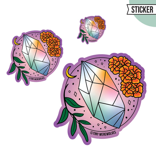 Based in Chicago by queer artist & designer Kayla Pekkala - Tiny Werewolves | October Crystal & Flower Birthstone Sticker in | Shop to get your Sticker with collections featuring retro-inspired designs infused with social commentary art, highlighting modern social & current events.