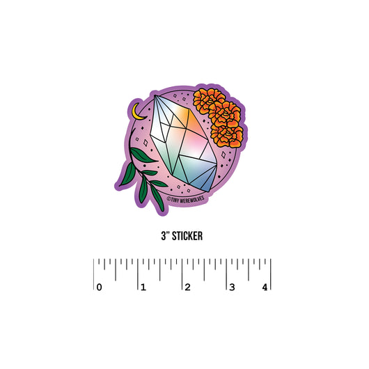 Based in Chicago by queer artist & designer Kayla Pekkala - Tiny Werewolves | October Crystal & Flower Birthstone Sticker in 3" Sticker | Shop to get your Sticker with collections featuring retro-inspired designs infused with social commentary art, highlighting modern social & current events.