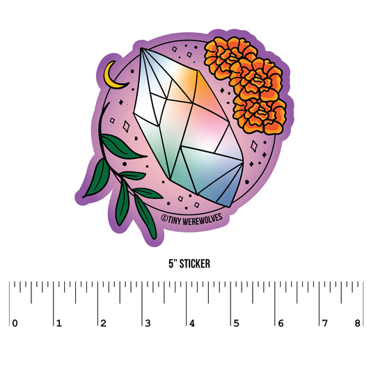 Based in Chicago by queer artist & designer Kayla Pekkala - Tiny Werewolves | October Crystal & Flower Birthstone Sticker in 5" Sticker | Shop to get your Sticker with collections featuring retro-inspired designs infused with social commentary art, highlighting modern social & current events.
