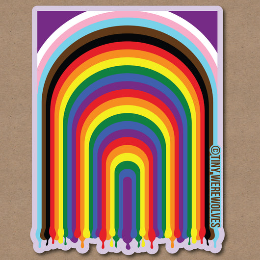Based in Chicago by queer artist & designer Kayla Pekkala - Tiny Werewolves | Progressive Dripping Rainbow Sticker in | Shop to get your Sticker with collections featuring retro-inspired designs infused with social commentary art, highlighting modern social & current events.