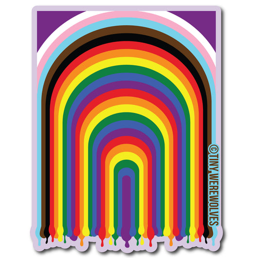 Based in Chicago by queer artist & designer Kayla Pekkala - Tiny Werewolves | Progressive Dripping Rainbow Sticker in 5" Sticker | Shop to get your Sticker with collections featuring retro-inspired designs infused with social commentary art, highlighting modern social & current events.