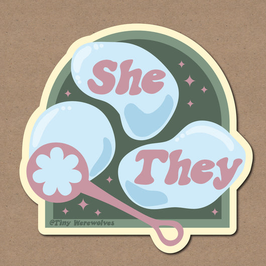 Based in Chicago by queer artist & designer Kayla Pekkala - Tiny Werewolves | She / They Pronouns Bubble Sticker in | Shop to get your Sticker with collections featuring retro-inspired designs infused with social commentary art, highlighting modern social & current events.