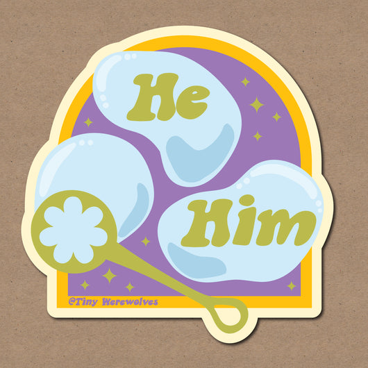 Based in Chicago by queer artist & designer Kayla Pekkala - Tiny Werewolves | He / Him Pronouns Bubble Sticker in | Shop to get your Sticker with collections featuring retro-inspired designs infused with social commentary art, highlighting modern social & current events.