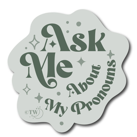 Based in Chicago by queer artist & designer Kayla Pekkala - Tiny Werewolves | Ask Me About My Pronouns Retro Stars Sticker in | Shop to get your Sticker with collections featuring retro-inspired designs infused with social commentary art, highlighting modern social & current events.