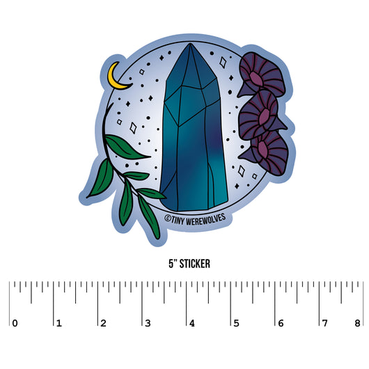 Based in Chicago by queer artist & designer Kayla Pekkala - Tiny Werewolves | September Crystal & Flower Birthstone Sticker in 5" Sticker | Shop to get your Sticker with collections featuring retro-inspired designs infused with social commentary art, highlighting modern social & current events.