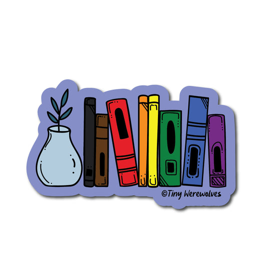Based in Chicago by queer artist & designer Kayla Pekkala - Tiny Werewolves | POC Rainbow Bookshelf Pride Sticker in | Shop to get your Sticker with collections featuring retro-inspired designs infused with social commentary art, highlighting modern social & current events.