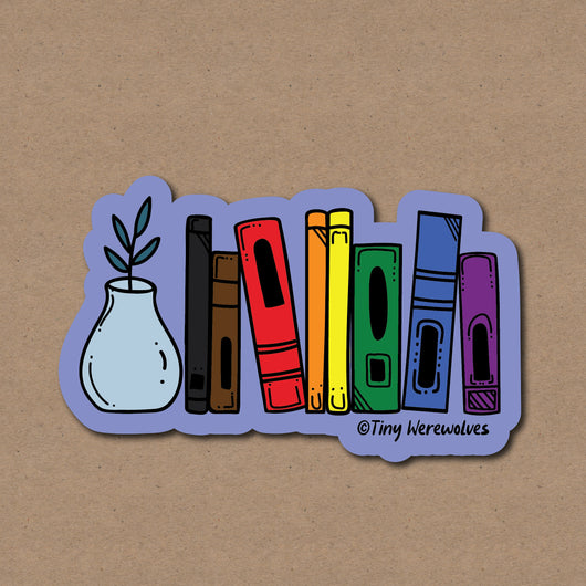 Based in Chicago by queer artist & designer Kayla Pekkala - Tiny Werewolves | POC Rainbow Bookshelf Pride Sticker in 5" Sticker | Shop to get your Sticker with collections featuring retro-inspired designs infused with social commentary art, highlighting modern social & current events.