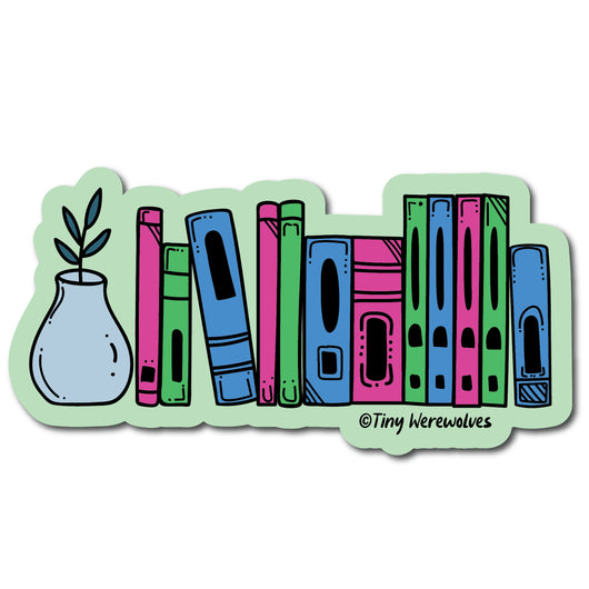 Based in Chicago by queer artist & designer Kayla Pekkala - Tiny Werewolves | Polysexual Bookshelf Pride Sticker in | Shop to get your Sticker with collections featuring retro-inspired designs infused with social commentary art, highlighting modern social & current events.