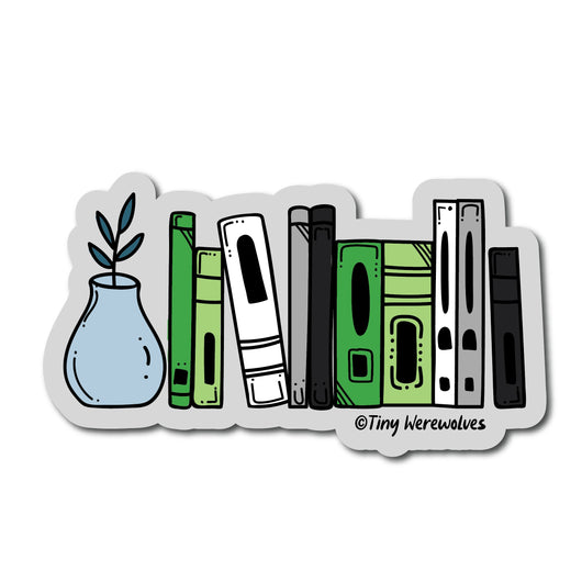 Based in Chicago by queer artist & designer Kayla Pekkala - Tiny Werewolves | Aromantic Bookshelf Pride Sticker in | Shop to get your Sticker with collections featuring retro-inspired designs infused with social commentary art, highlighting modern social & current events.