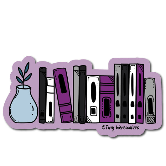 Based in Chicago by queer artist & designer Kayla Pekkala - Tiny Werewolves | Demisexual Bookshelf Pride Sticker in | Shop to get your Sticker with collections featuring retro-inspired designs infused with social commentary art, highlighting modern social & current events.