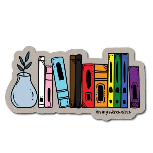 Based in Chicago by queer artist & designer Kayla Pekkala - Tiny Werewolves | Progressive Rainbow Bookshelf Pride Sticker in | Shop to get your Sticker with collections featuring retro-inspired designs infused with social commentary art, highlighting modern social & current events.