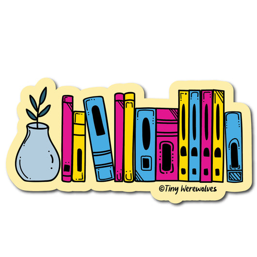 Based in Chicago by queer artist & designer Kayla Pekkala - Tiny Werewolves | Pansexual Bookshelf Pride Sticker in | Shop to get your Sticker with collections featuring retro-inspired designs infused with social commentary art, highlighting modern social & current events.